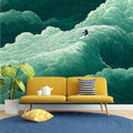Surfer on Emerald Waves Mural Wallpaper — Stylized Sea Motif Mural Wallpaper - room preview 03