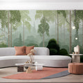 Mist-Covered Birch Forest Mural Wallpaper in Sage Green Mural Wallpaper - room preview 03