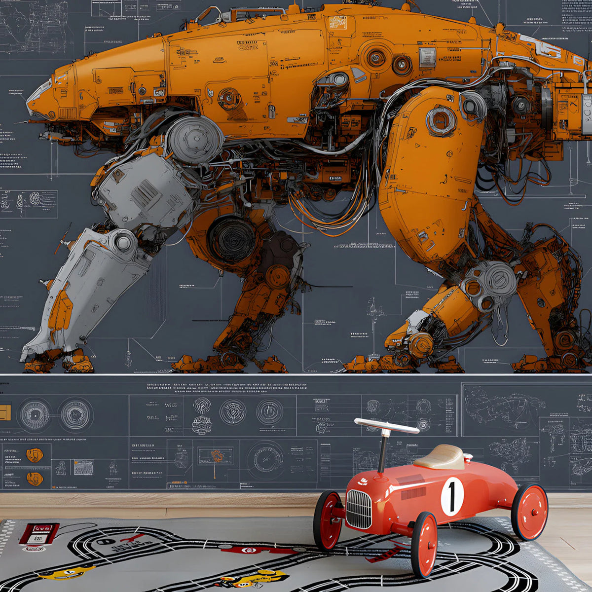 Industrial Mecha Blueprint Mural Wallpaper — Tech Schematics Mural Wallpaper - room preview 03