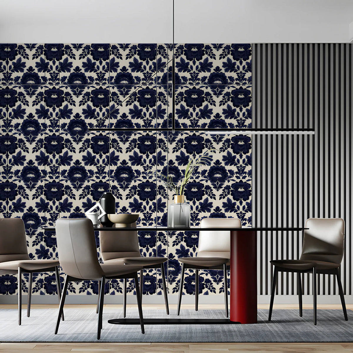 Midnight Navy Damask Floral Mural Wallpaper - room preview 03