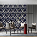 Midnight Navy Damask Floral Mural Wallpaper - room preview 03
