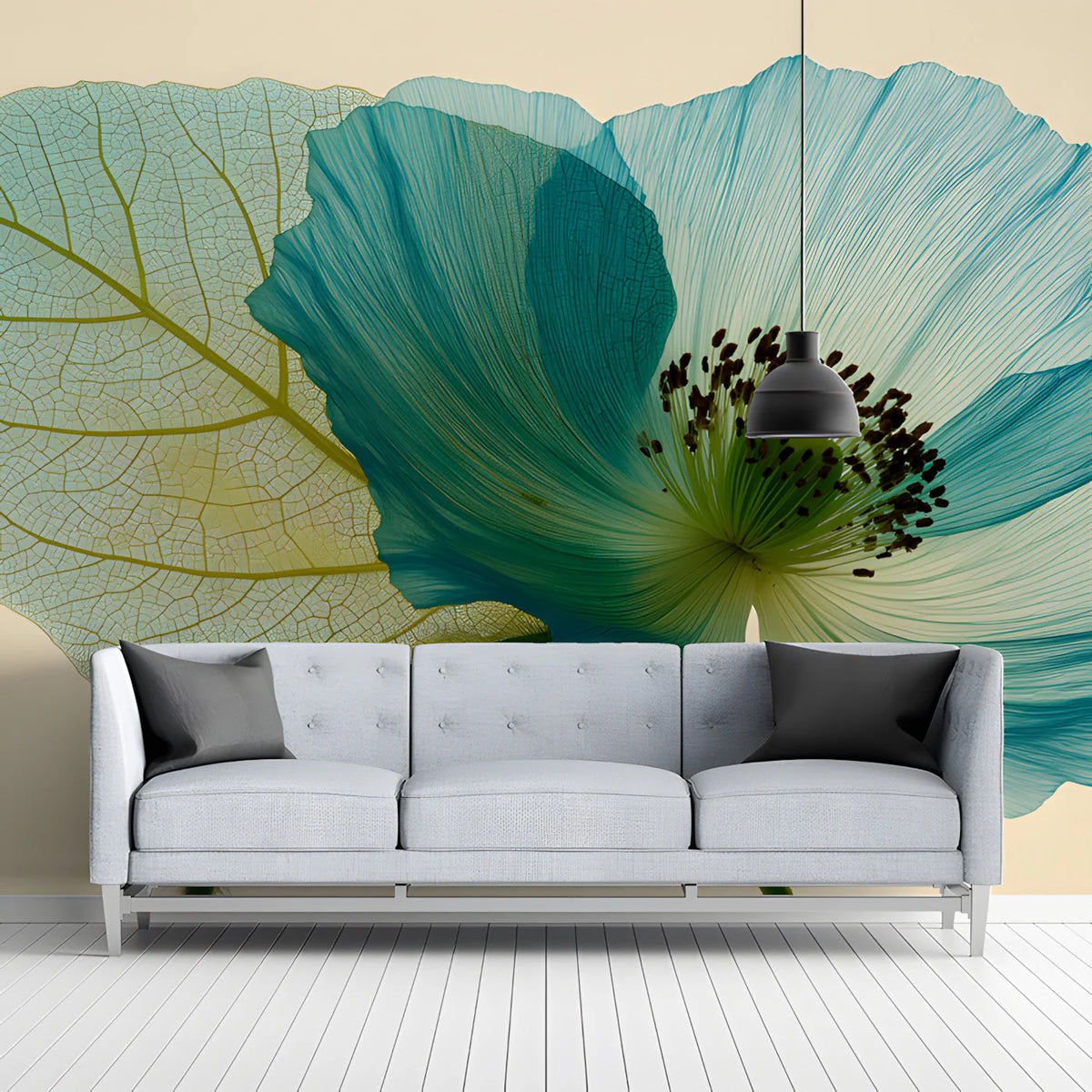 Ethereal Blue Poppy Botanical Mural Wallpaper - room preview 03