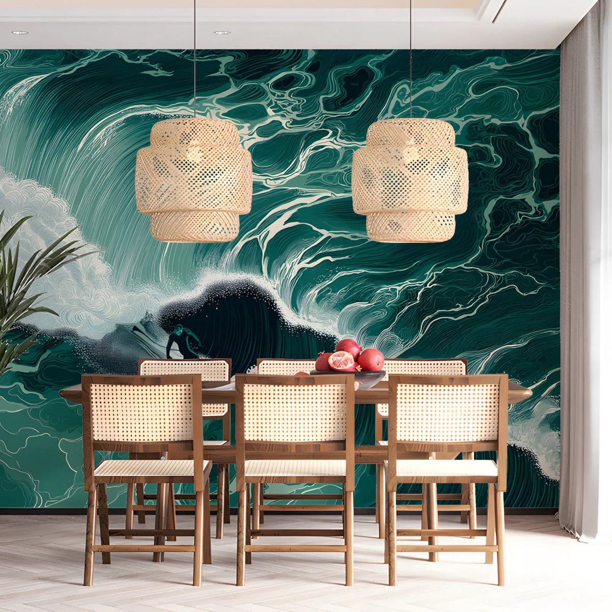 Surfer Wave Mural Wallpaper — Dynamic Deep Teal Ocean Scene Mural Wallpaper - room preview 03