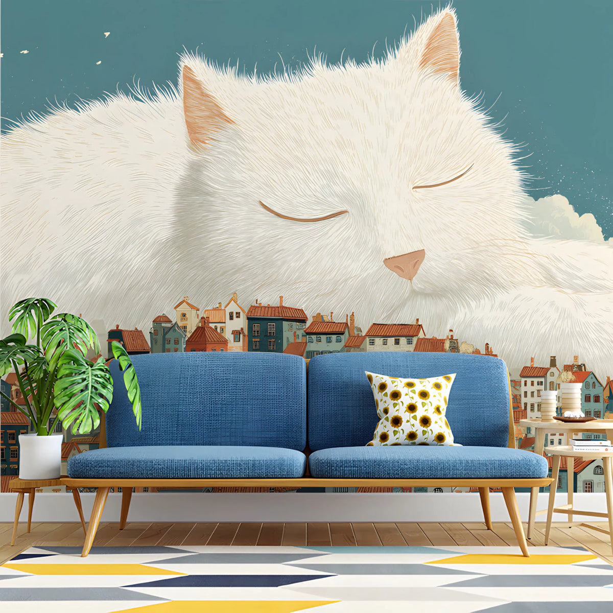 Giant Sleeping Cat over Town Mural Wallpaper — Whimsical Decor Mural Wallpaper - room preview 03
