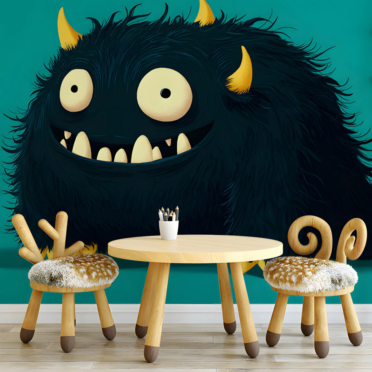 Friendly Monster Mural Wallpaper in Dark Charcoal and Teal Mural Wallpaper - room preview 03