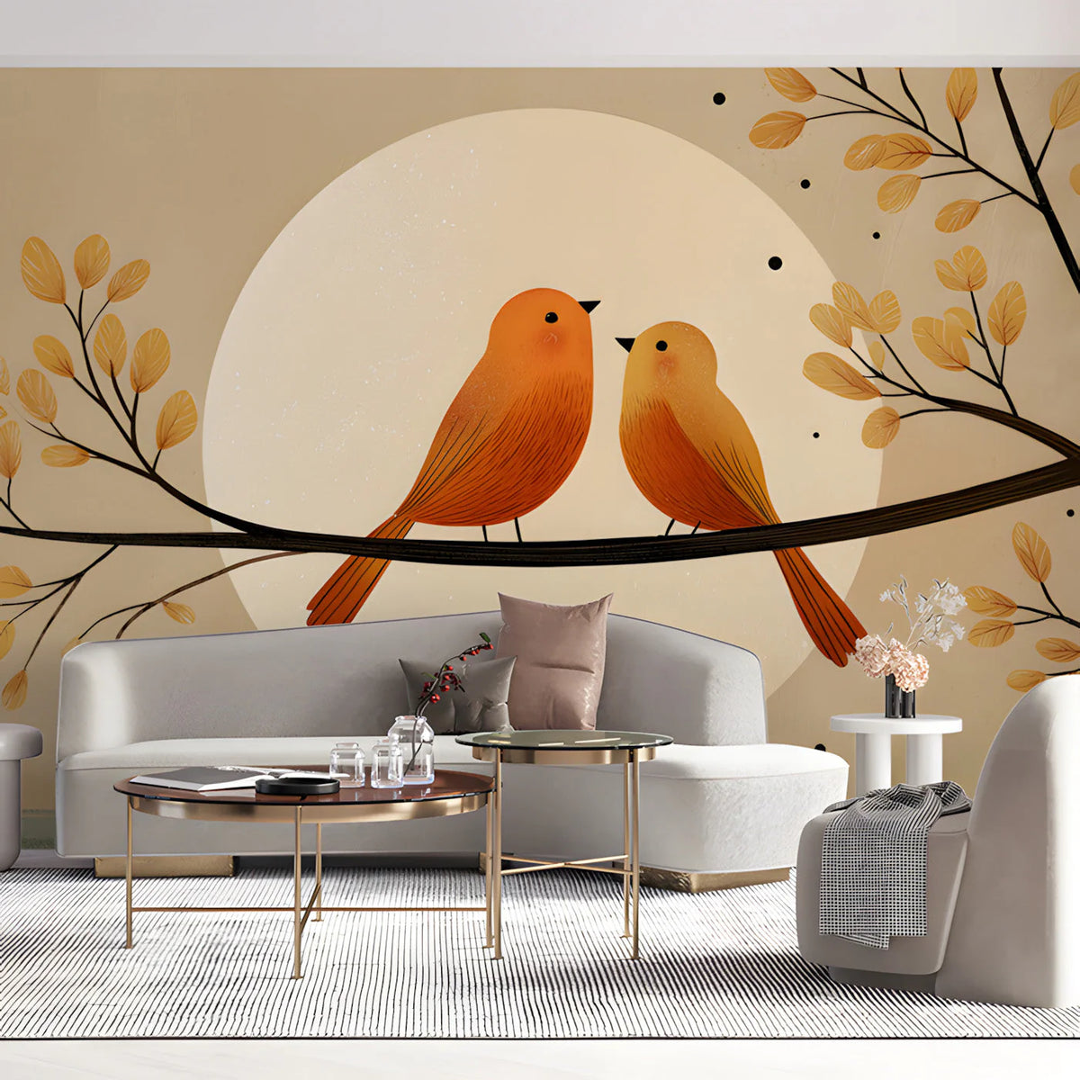 Sunlit Songbirds Mural Wallpaper — Whimsical Nature Design Mural Wallpaper - room preview 03