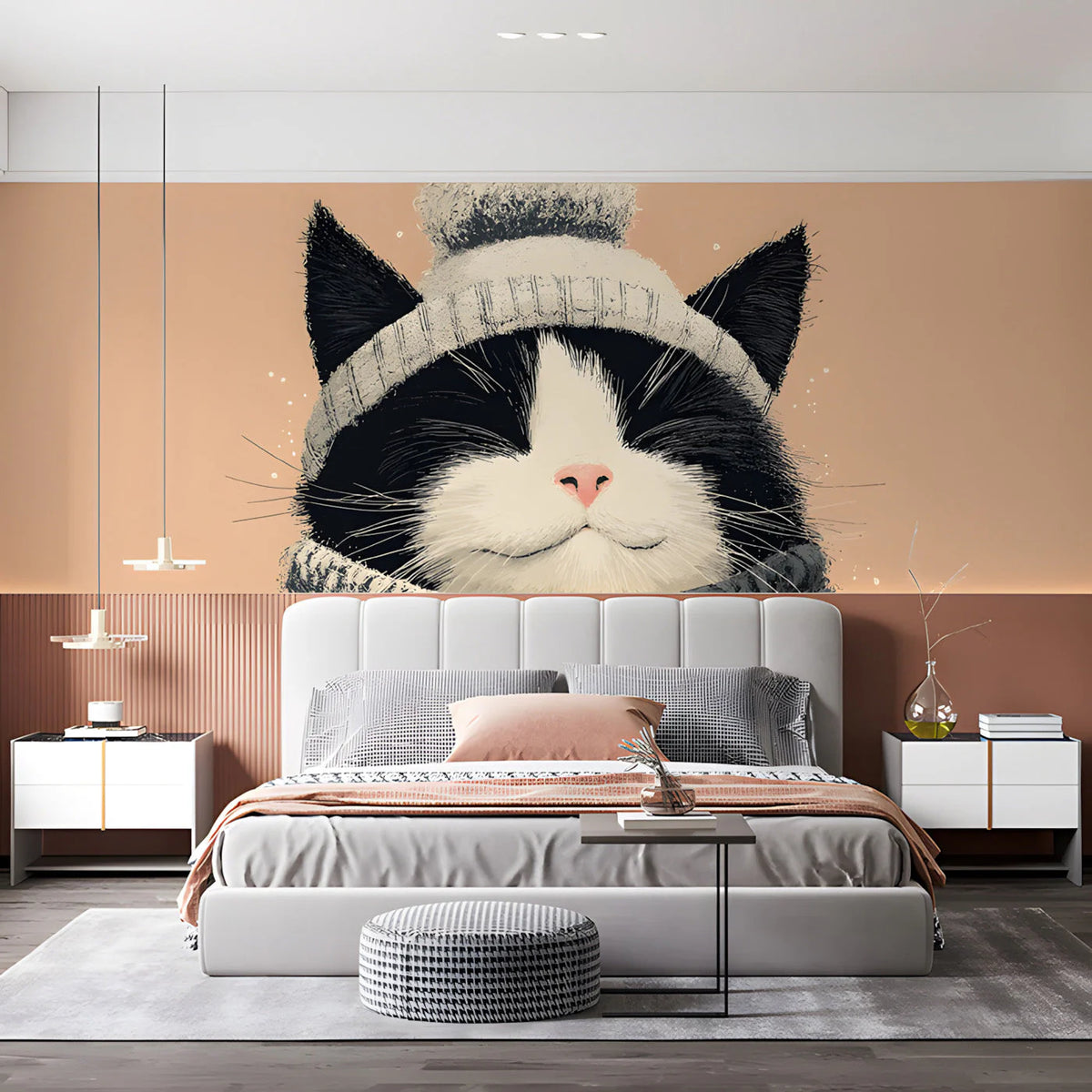 Cozy Winter Cat Mural Wallpaper — Whimsical Illustration Mural Wallpaper - room preview 03