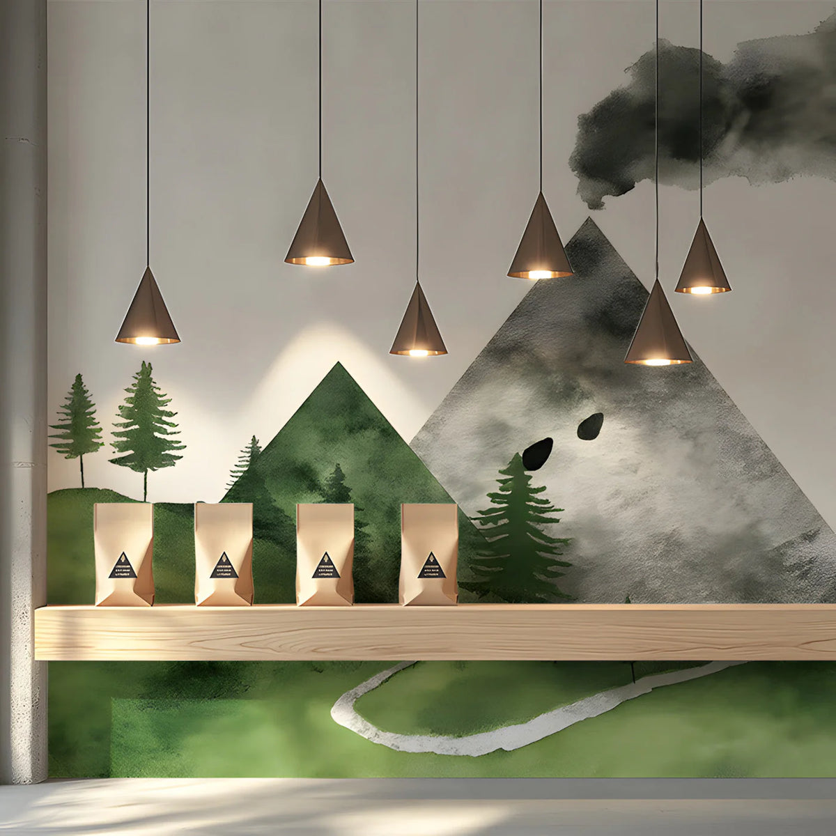 Minimalist Watercolor Mountain and Forest Mural Wallpaper - room preview 03