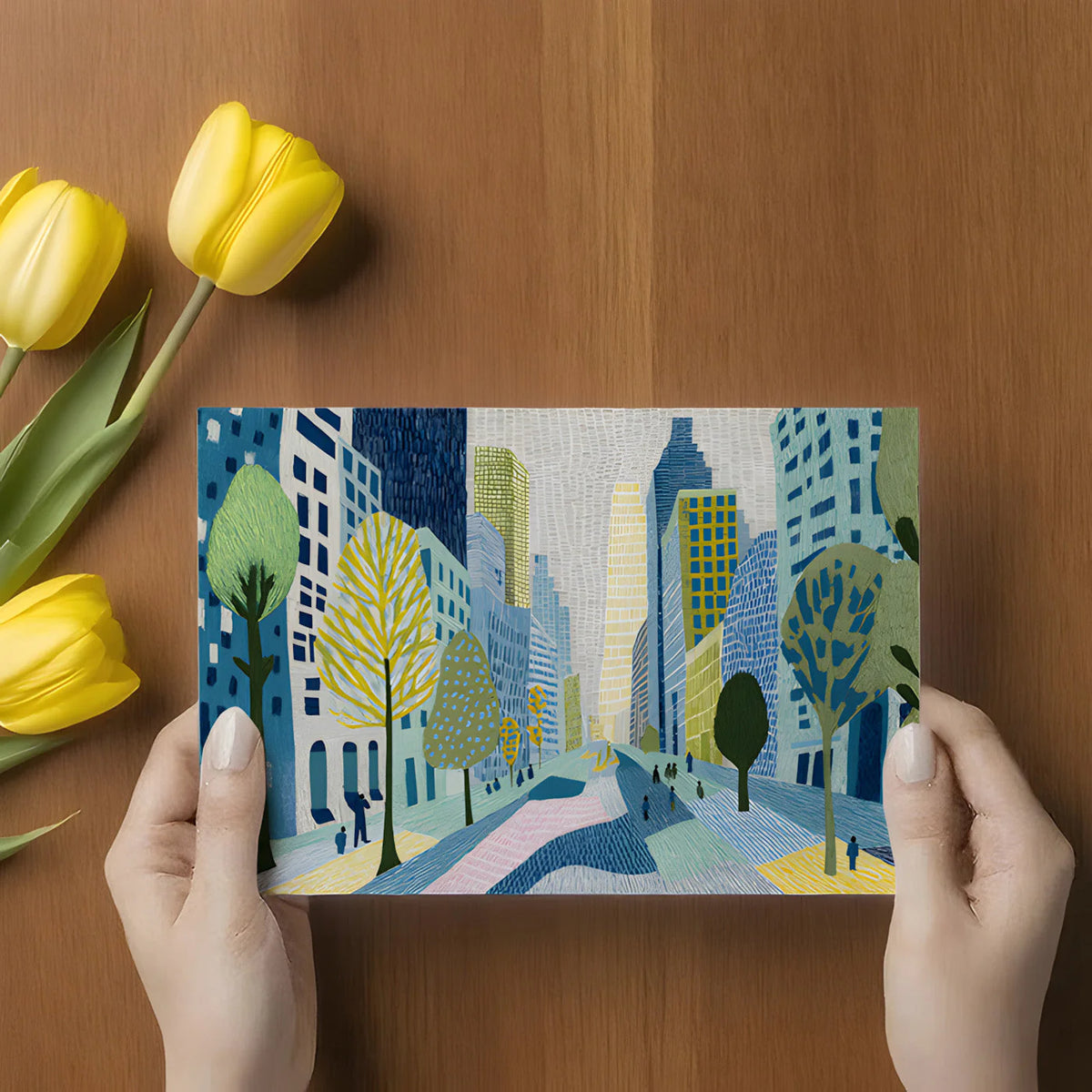Urban Sketch Cityscape Mural Wallpaper with Colorful Trees Mural Wallpaper - room preview 03