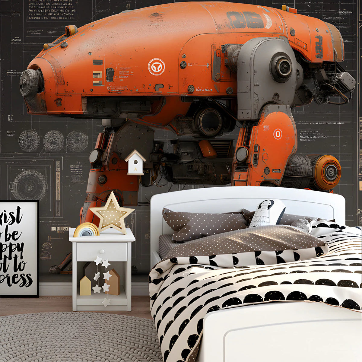 Industrial Robot Blueprint Mural Wallpaper — Technical Orange Mural Wallpaper - room preview 03