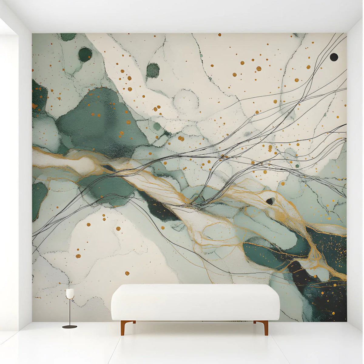 Abstract Ink Wash Mural Wallpaper with Emerald and Gold Accents Mural Wallpaper - room preview 03