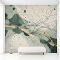 Abstract Ink Wash Mural Wallpaper with Emerald and Gold Accents Mural Wallpaper - room preview 03