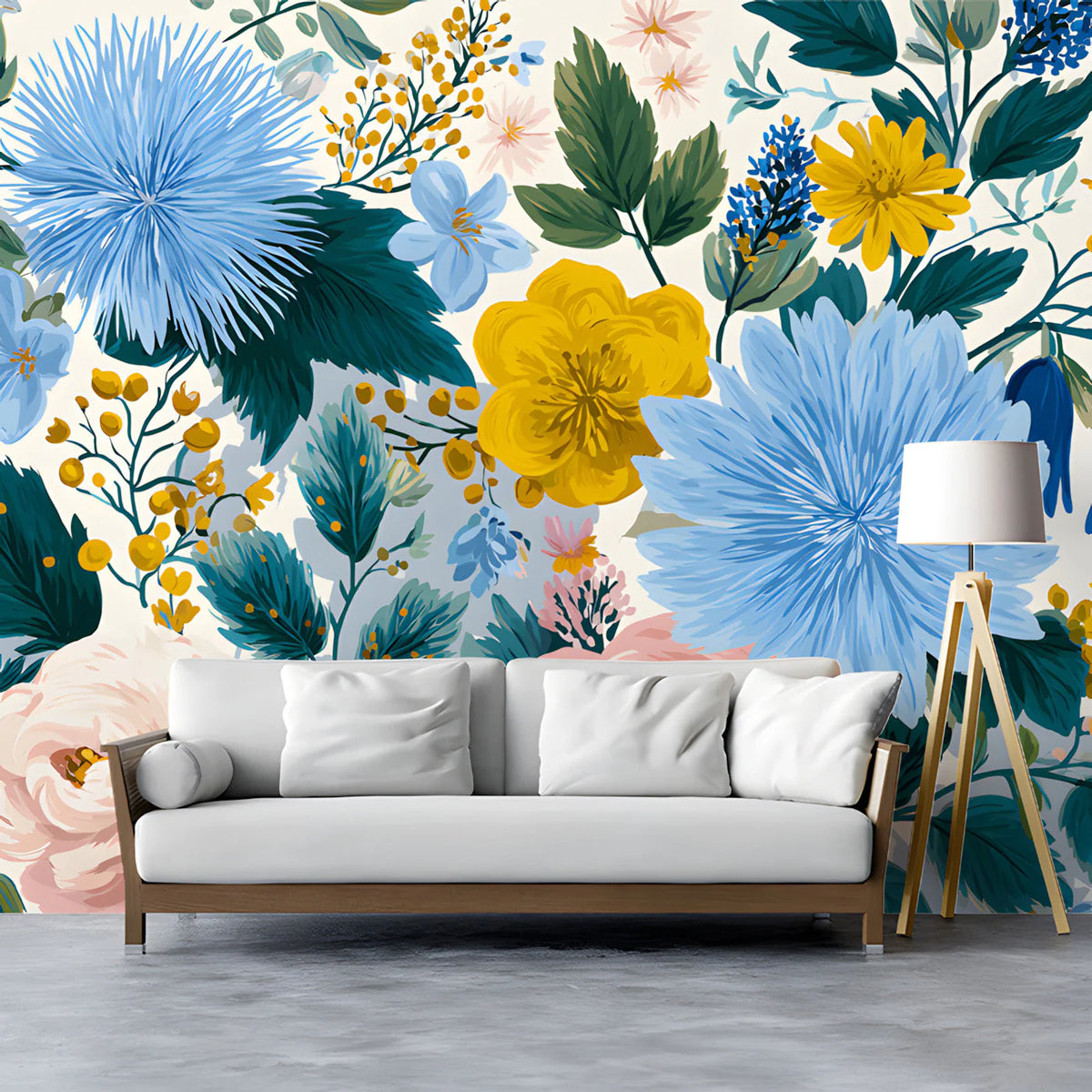 Sunlit Meadow Floral Mural Wallpaper — Colorful Botanical Art Mural Wallpaper - room preview 03