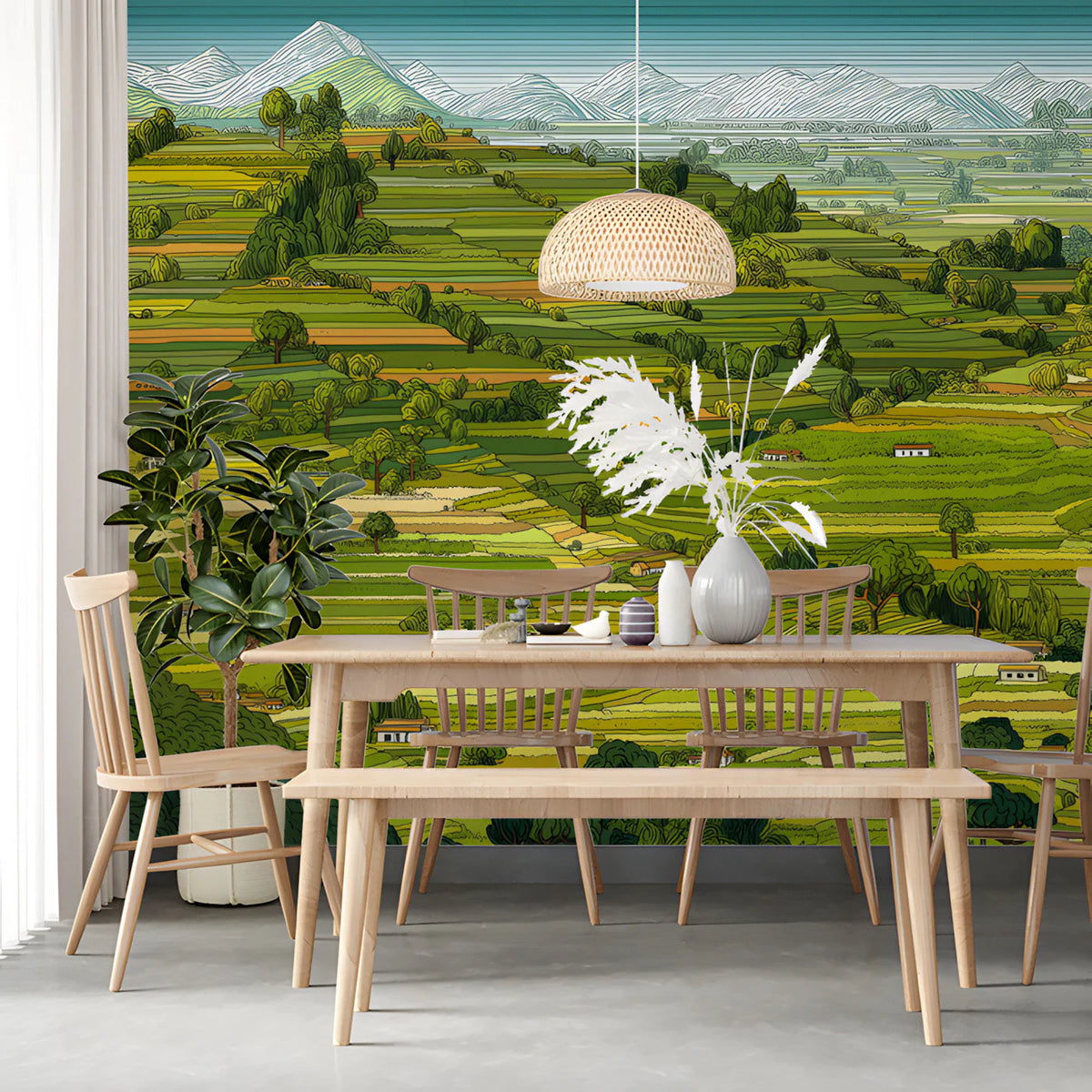 Terraced Mountain Valley Mural Wallpaper — Hand-Drawn Landscape Mural Wallpaper - room preview 03