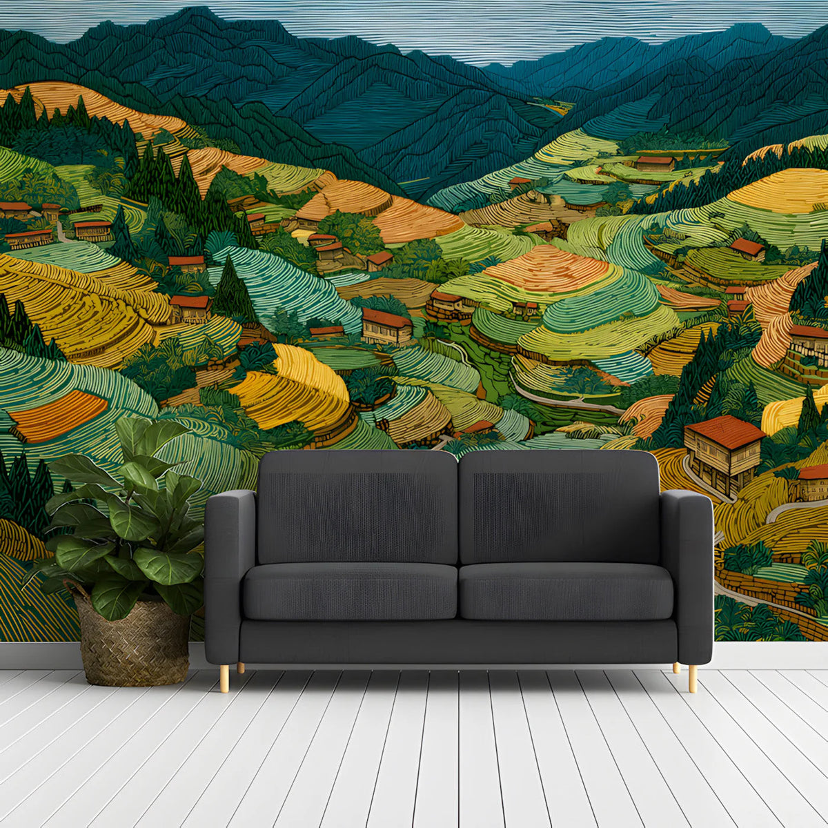 Terraced Mountain Landscape Mural Wallpaper in Earthy Tones Mural Wallpaper - room preview 03