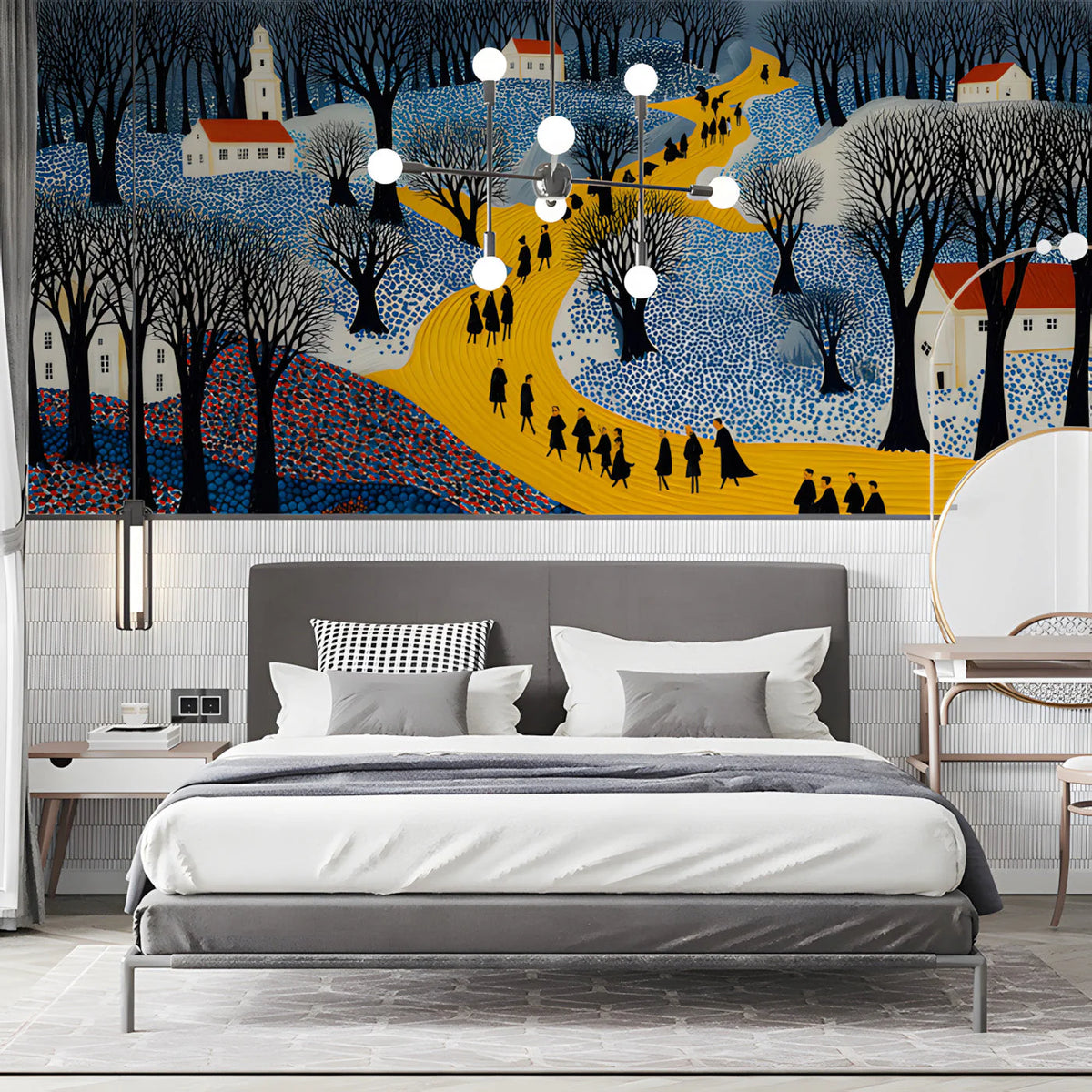 Winter Village Path Mural Wallpaper —Folk Art Landscape Mural Wallpaper - room preview 03
