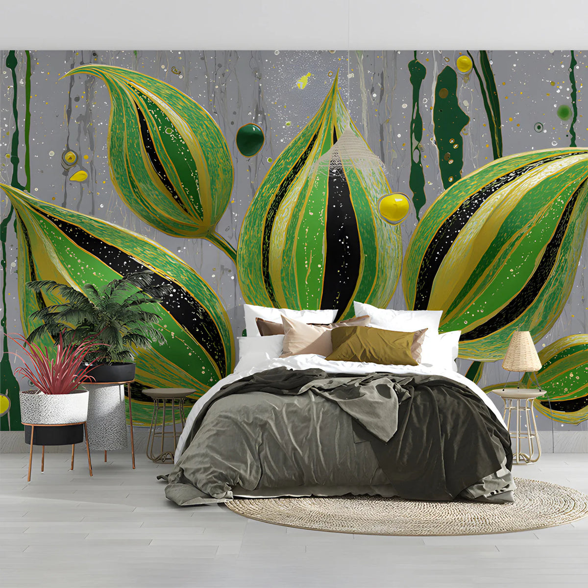 Abstract Botanical Mural Wallpaper in Emerald and Ochre Mural Wallpaper - room preview 03