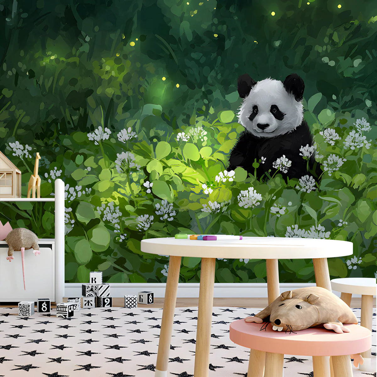 Panda in Enchanted Forest Mural Wallpaper with Firefly Glow Mural Wallpaper - room preview 03