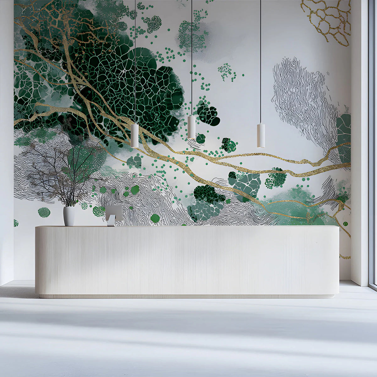 Emerald and Gold Abstract Fluid Mural Wallpaper - room preview 03