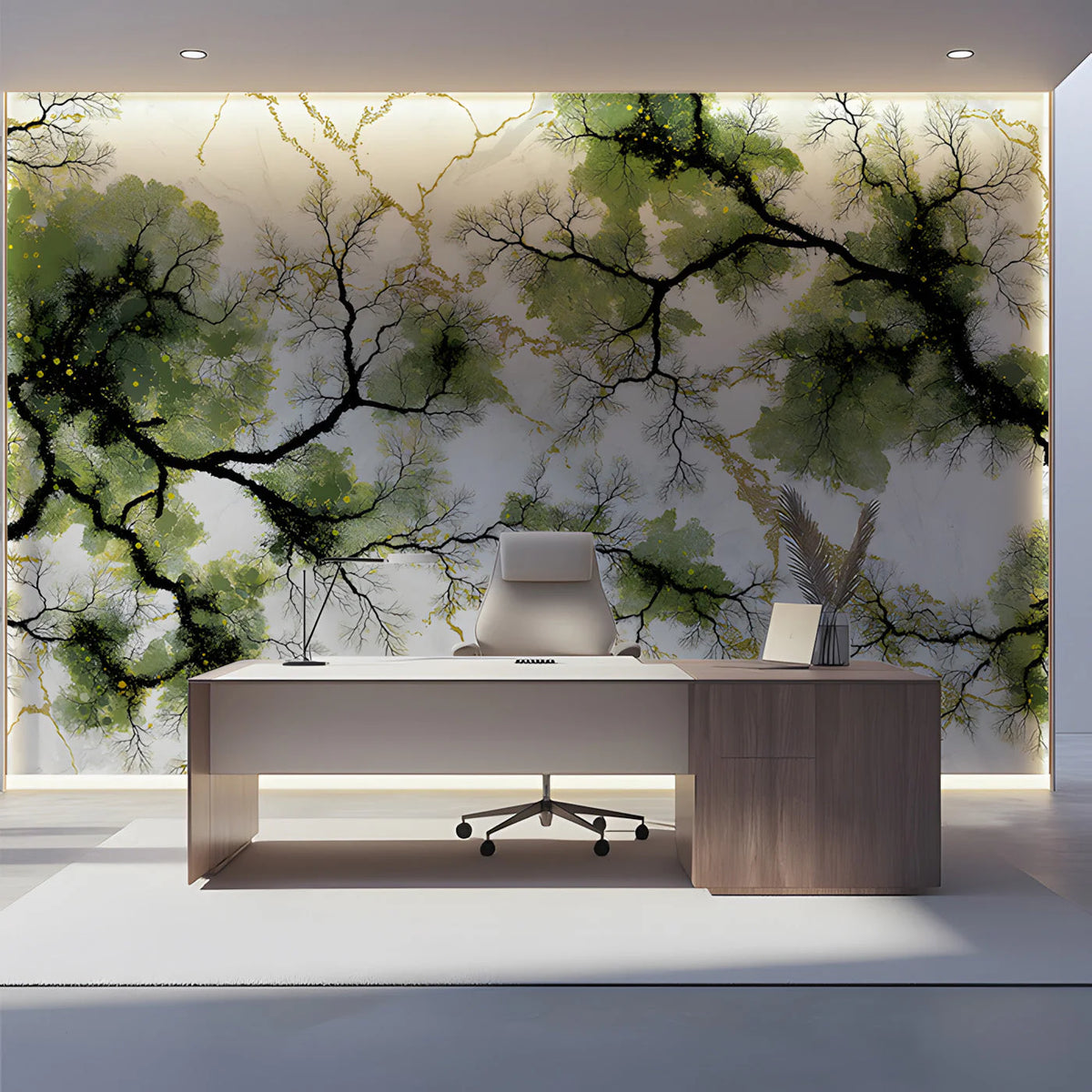 Gilded Forest Branch Mural Wallpaper — Artistic Nature Design Mural Wallpaper - room preview 03