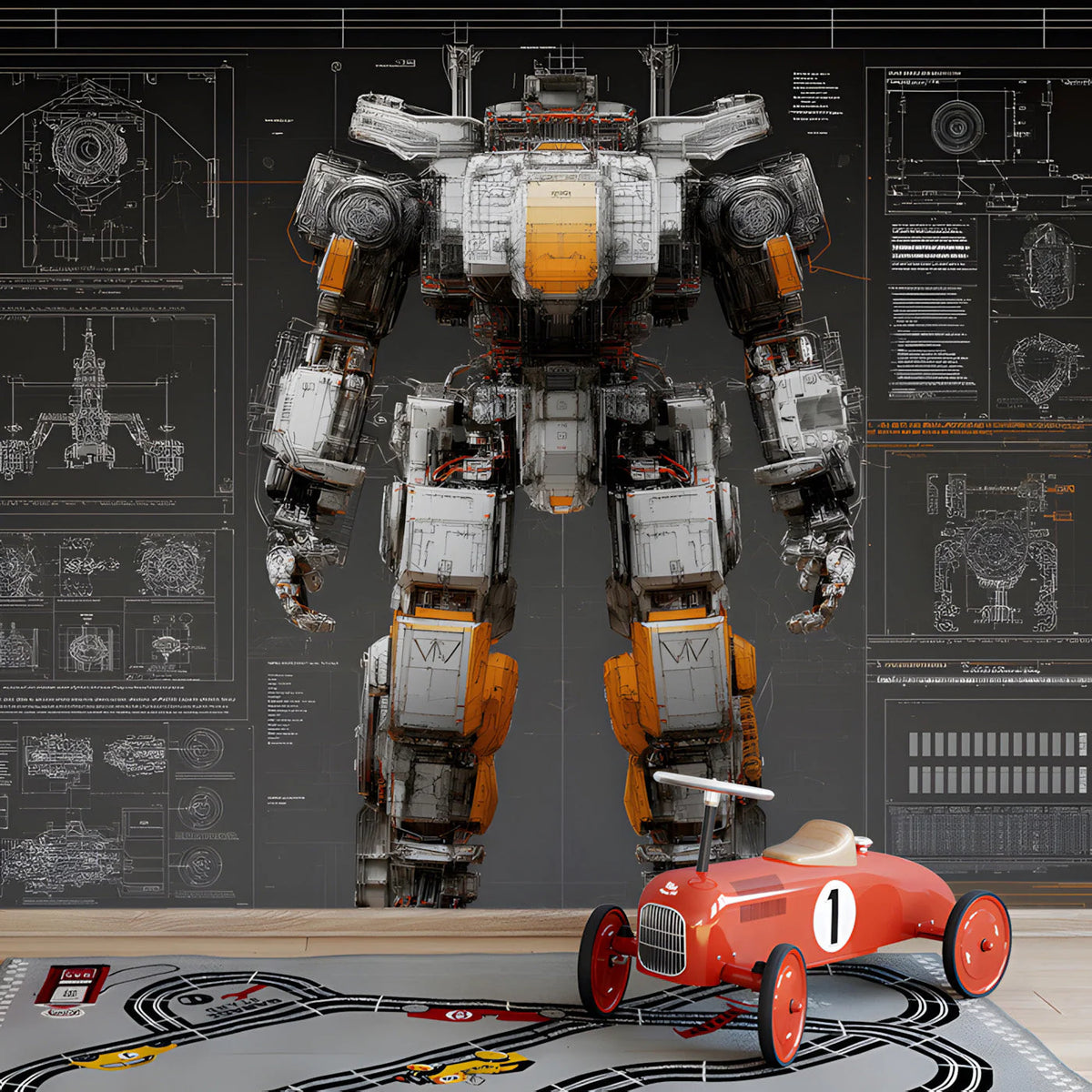 Mecha Blueprint Mural Wallpaper — Technical Industrial Design Mural Wallpaper - room preview 03