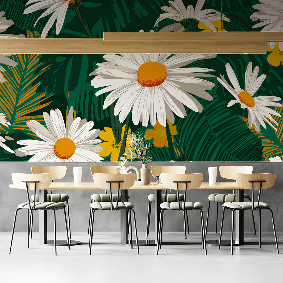 Bold Daisy Meadow Mural Wallpaper in Deep Forest Green Mural Wallpaper - room preview 03