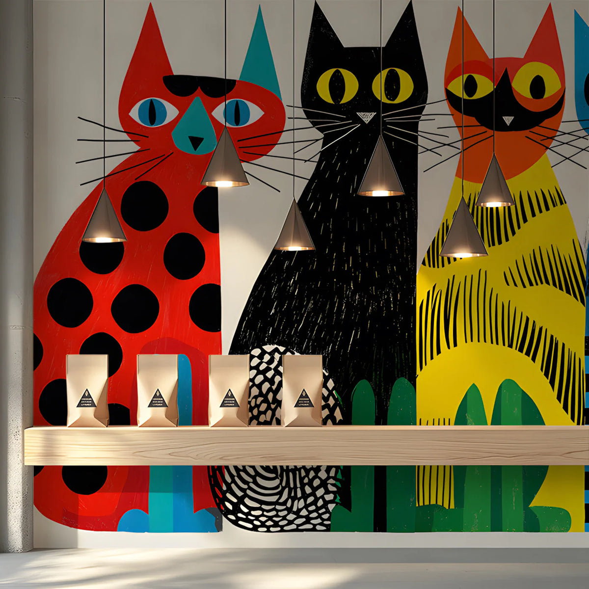 Mid-Century Cat Parade Mural Wallpaper —Whimsical Retro Art Mural Wallpaper - room preview 03
