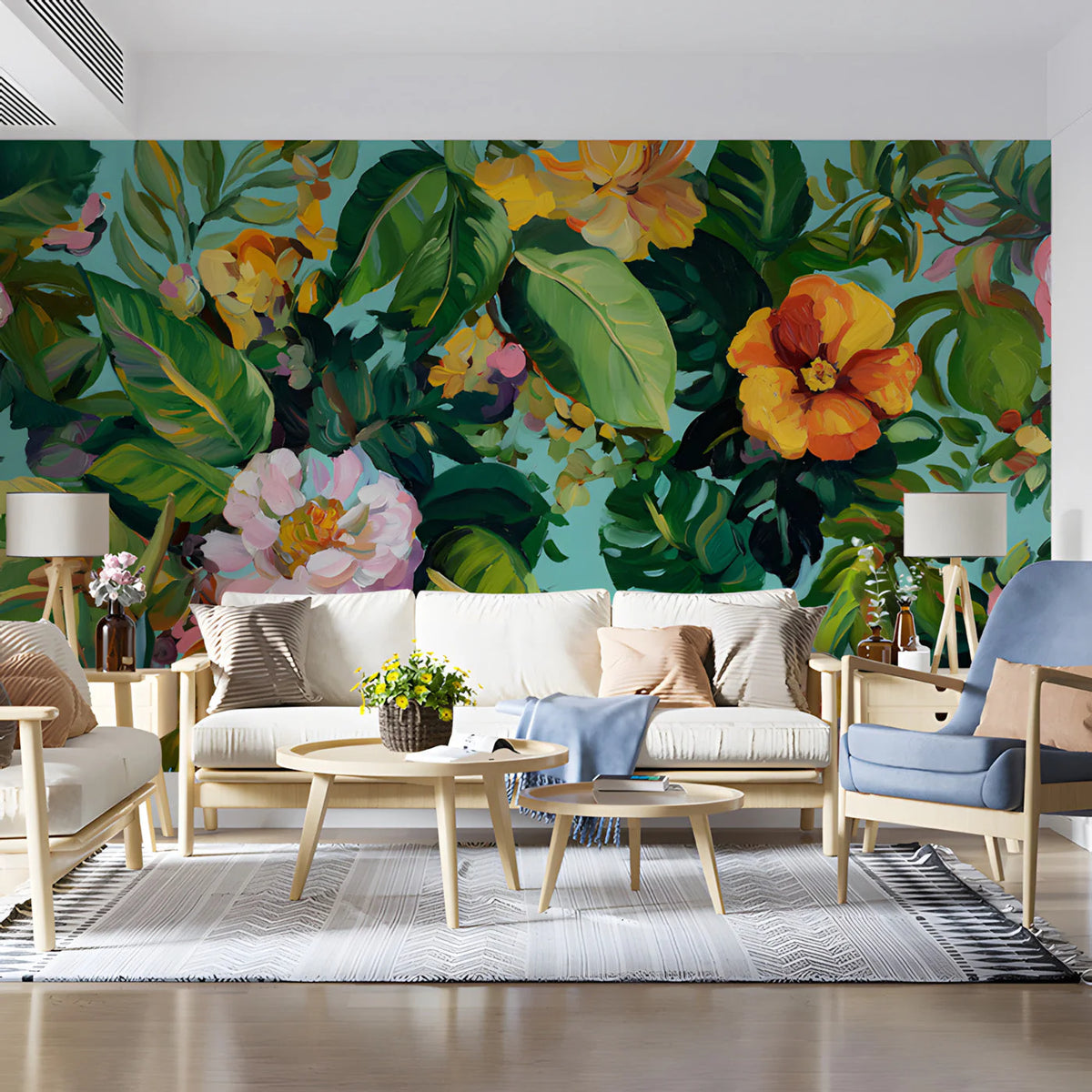 Vibrant Botanical Oil Painting Mural Wallpaper in Teal Mural Wallpaper - room preview 03