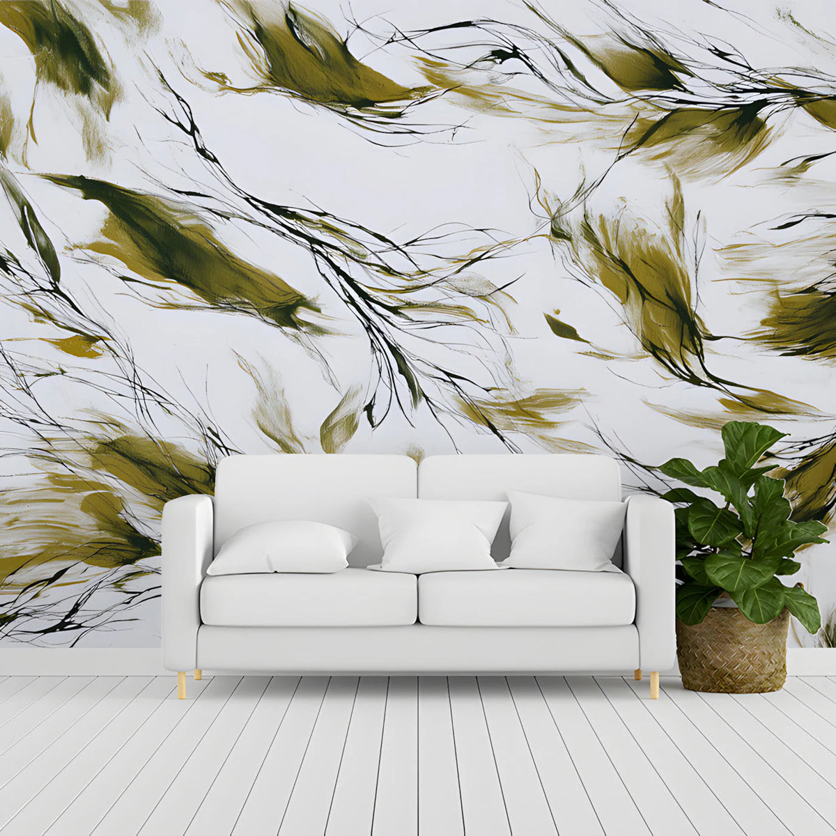 Abstract Willow Branch Mural Wallpaper in Ochre and Black Mural Wallpaper - room preview 03