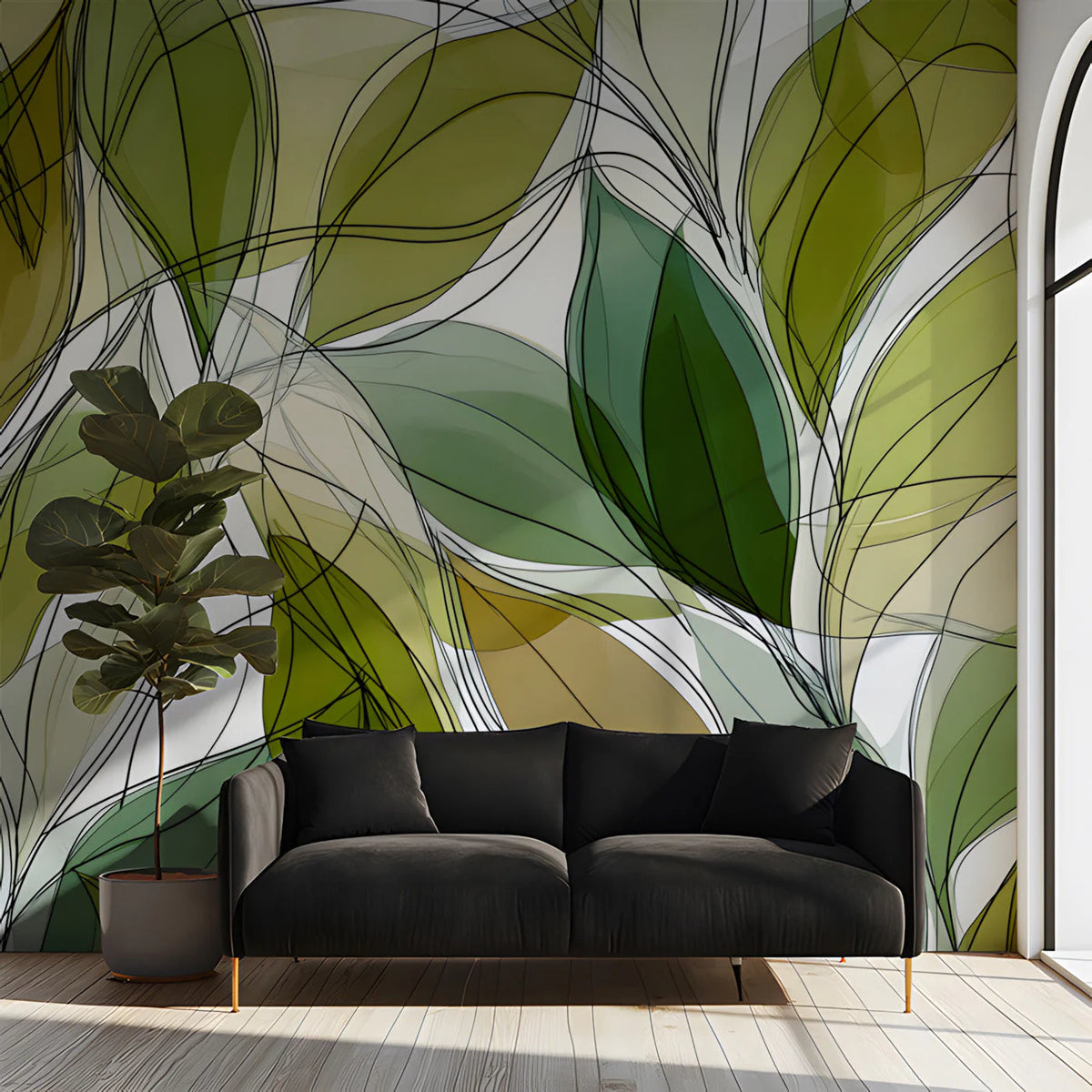 Abstract Leaf Silhouette Mural Wallpaper in Sage and Olive Green Mural Wallpaper - room preview 03