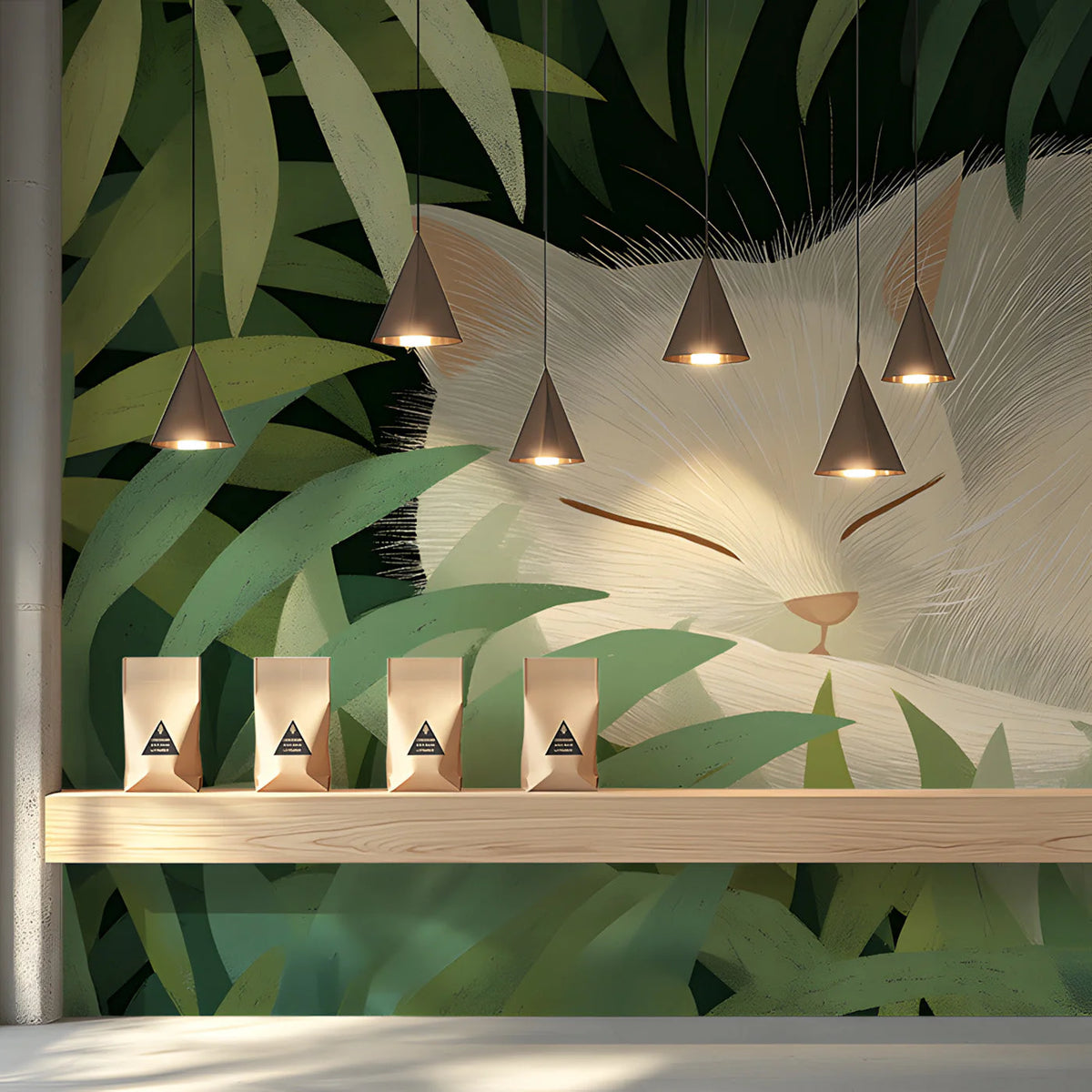 Sleeping White Cat Mural Wallpaper in Lush Green Foliage Mural Wallpaper - room preview 03