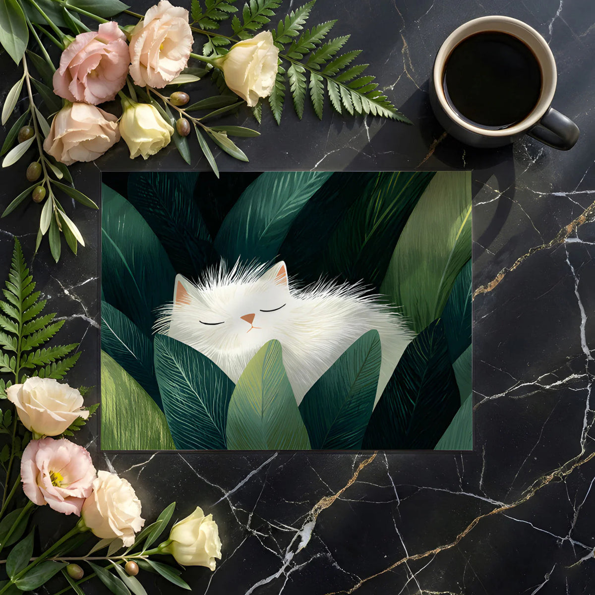 Sleepy White Cat in Tropical Foliage Mural Wallpaper - room preview 03
