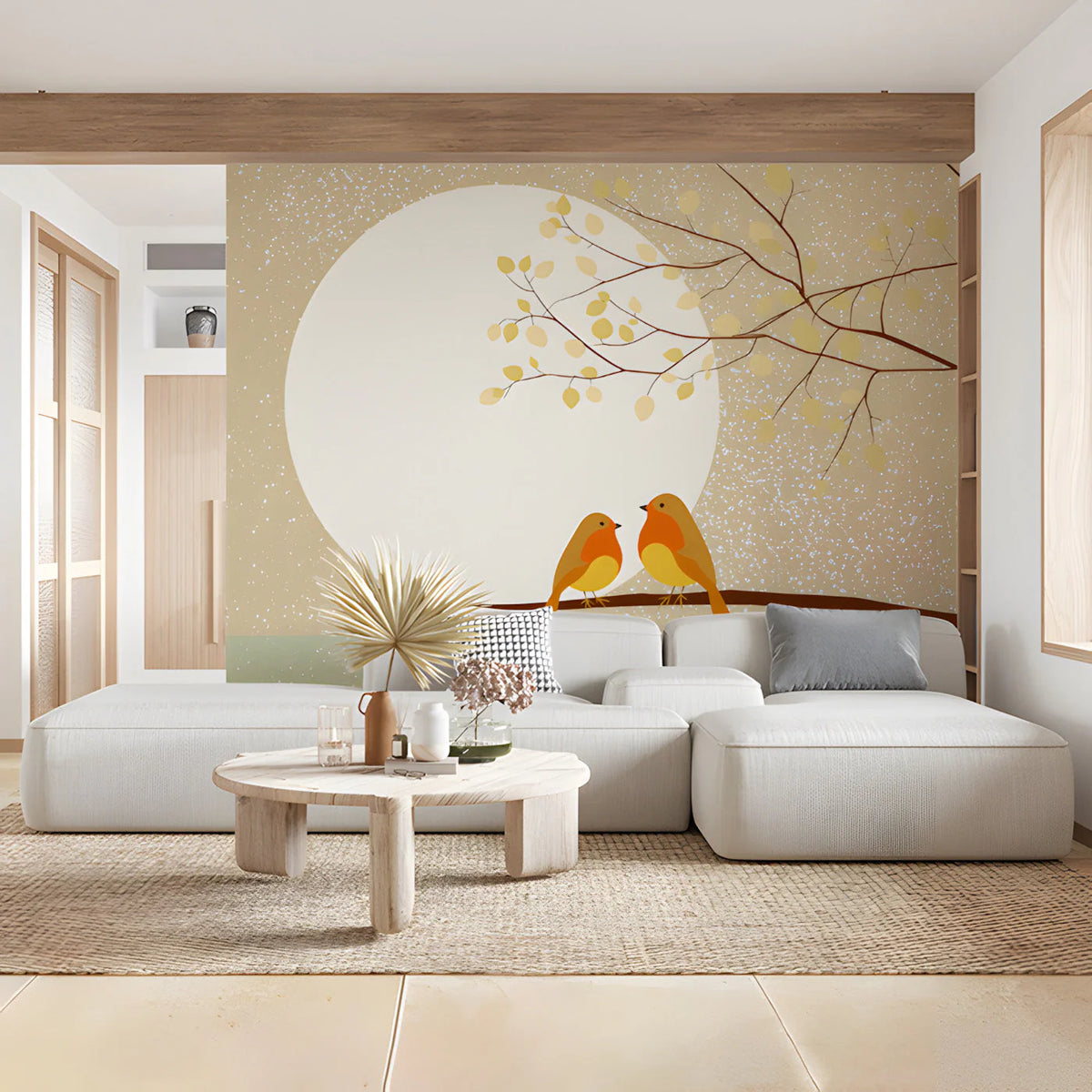 Sunlit Songbirds Mural Wallpaper with Soft Winter Snowfall Mural Wallpaper - room preview 03