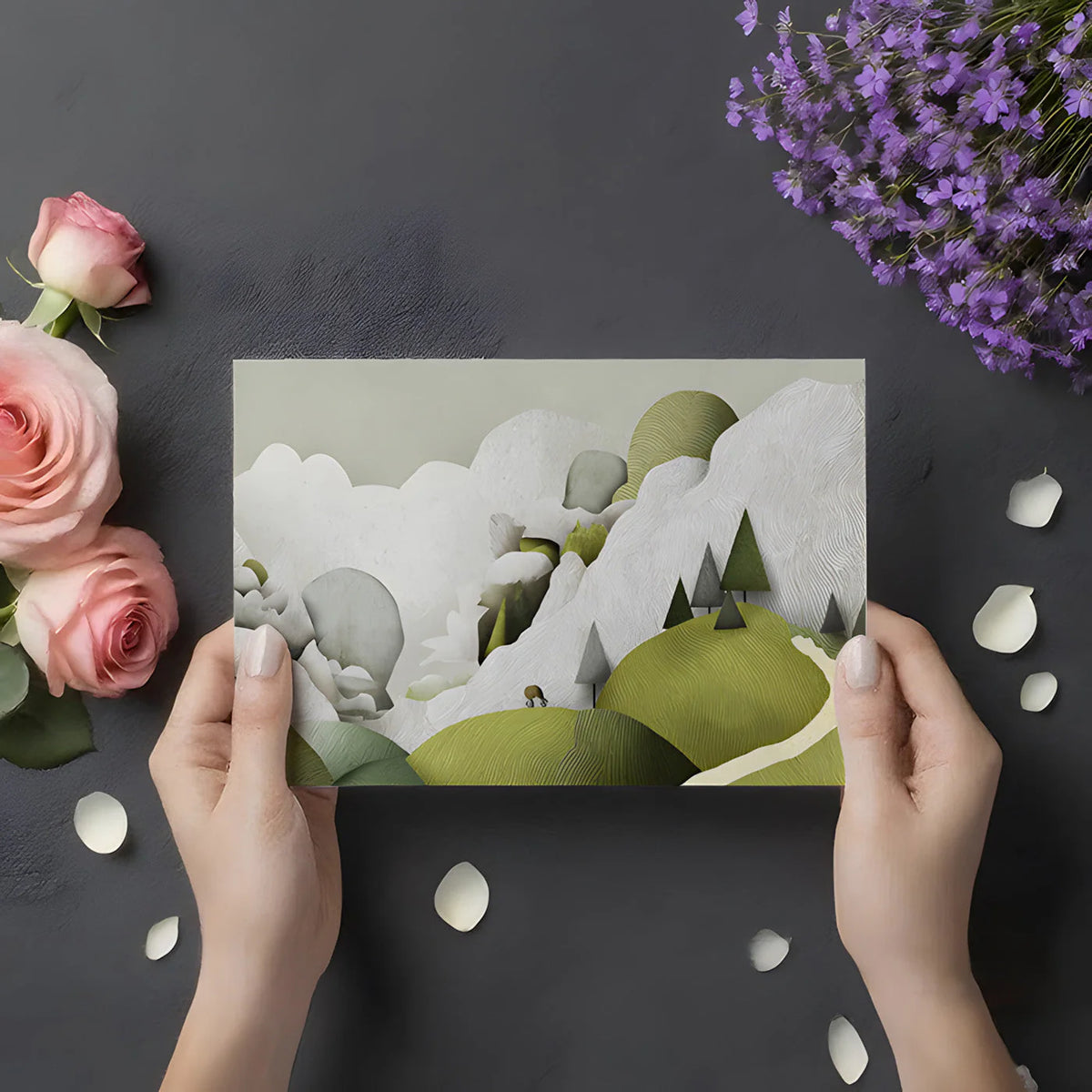 Abstract Mountain Landscape Mural Wallpaper in Sage and Olive Mural Wallpaper - room preview 03