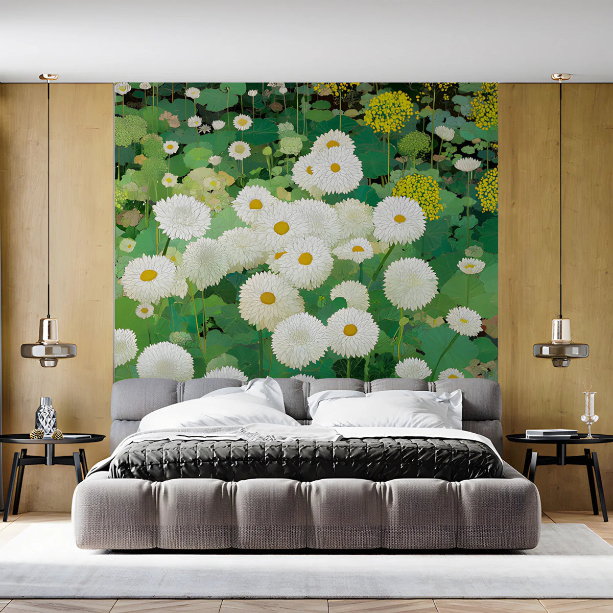 Meadow Bloom Mural Wallpaper — Botanical Art in Green and White Mural Wallpaper - room preview 03