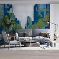 Abstract Urban Boulevard Mural Wallpaper in Blue and Lime Mural Wallpaper - room preview 03