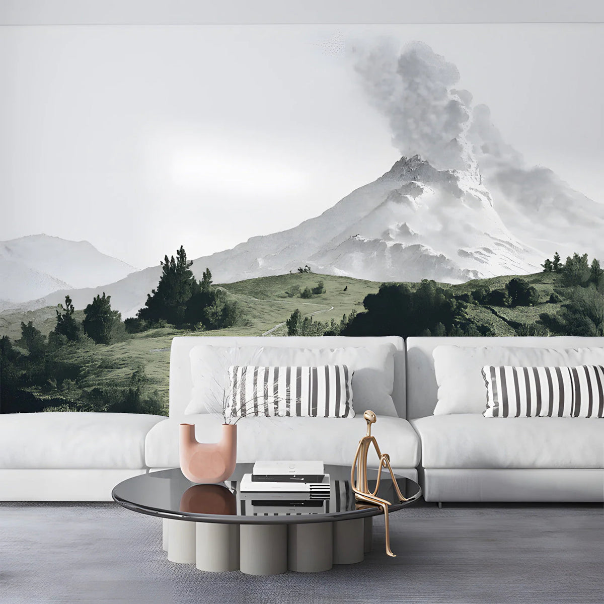 Volcanic Landscape Mural Wallpaper in Etched Style Mural Wallpaper - room preview 03