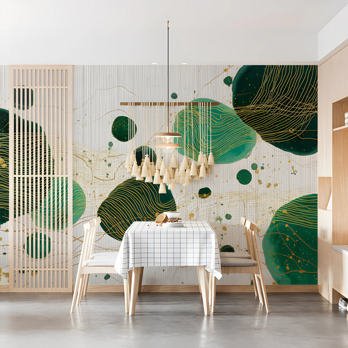 Emerald Ink Abstract Mural Wallpaper — Modern Gold Line Art Mural Wallpaper - room preview 03