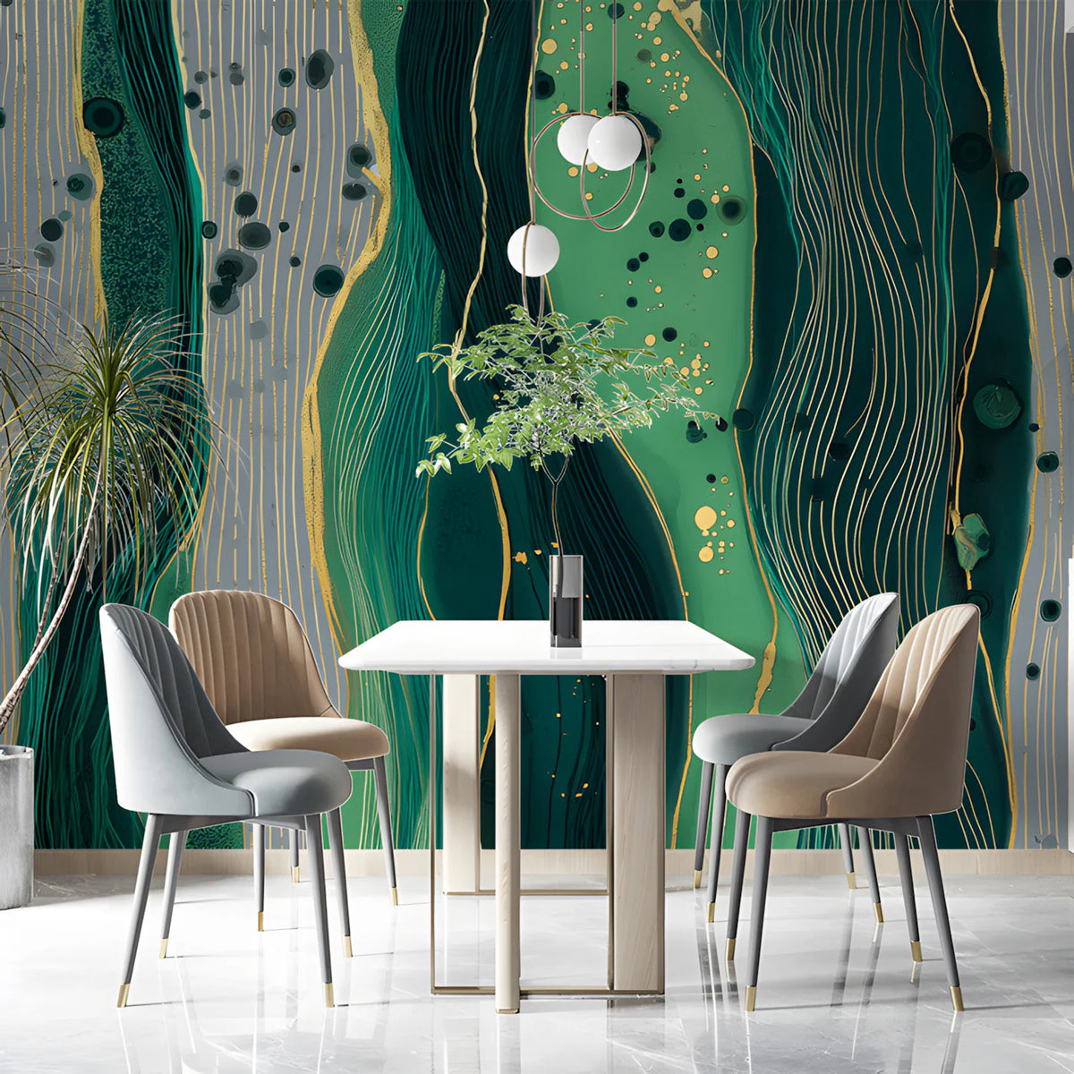 Emerald Fluid Art Mural Wallpaper with Gold Linear Accents Mural Wallpaper - room preview 03