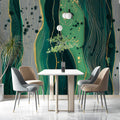 Emerald Fluid Art Mural Wallpaper with Gold Linear Accents Mural Wallpaper - room preview 03