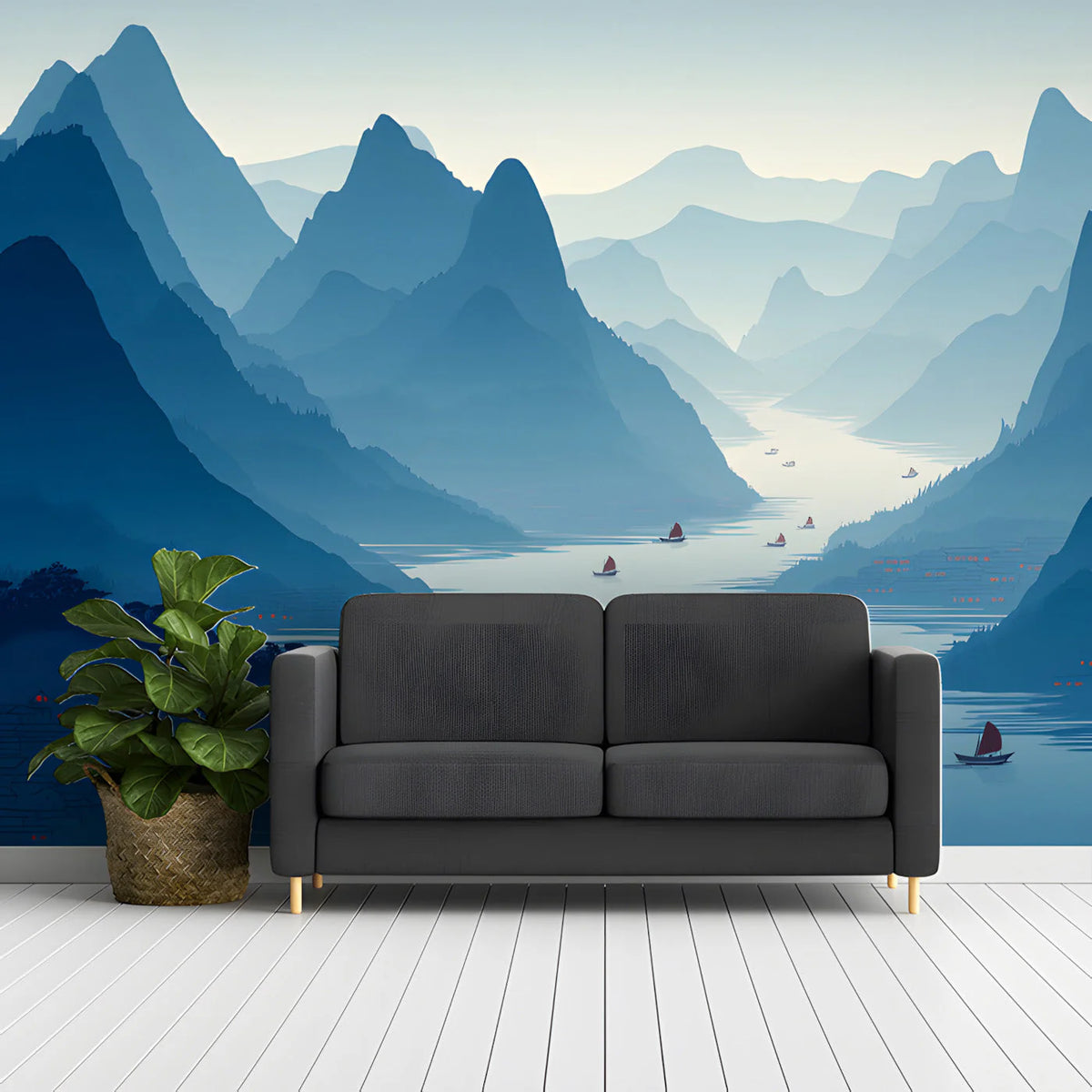 Mist-Covered Mountain River Mural Wallpaper in Indigo Blue Mural Wallpaper - room preview 03