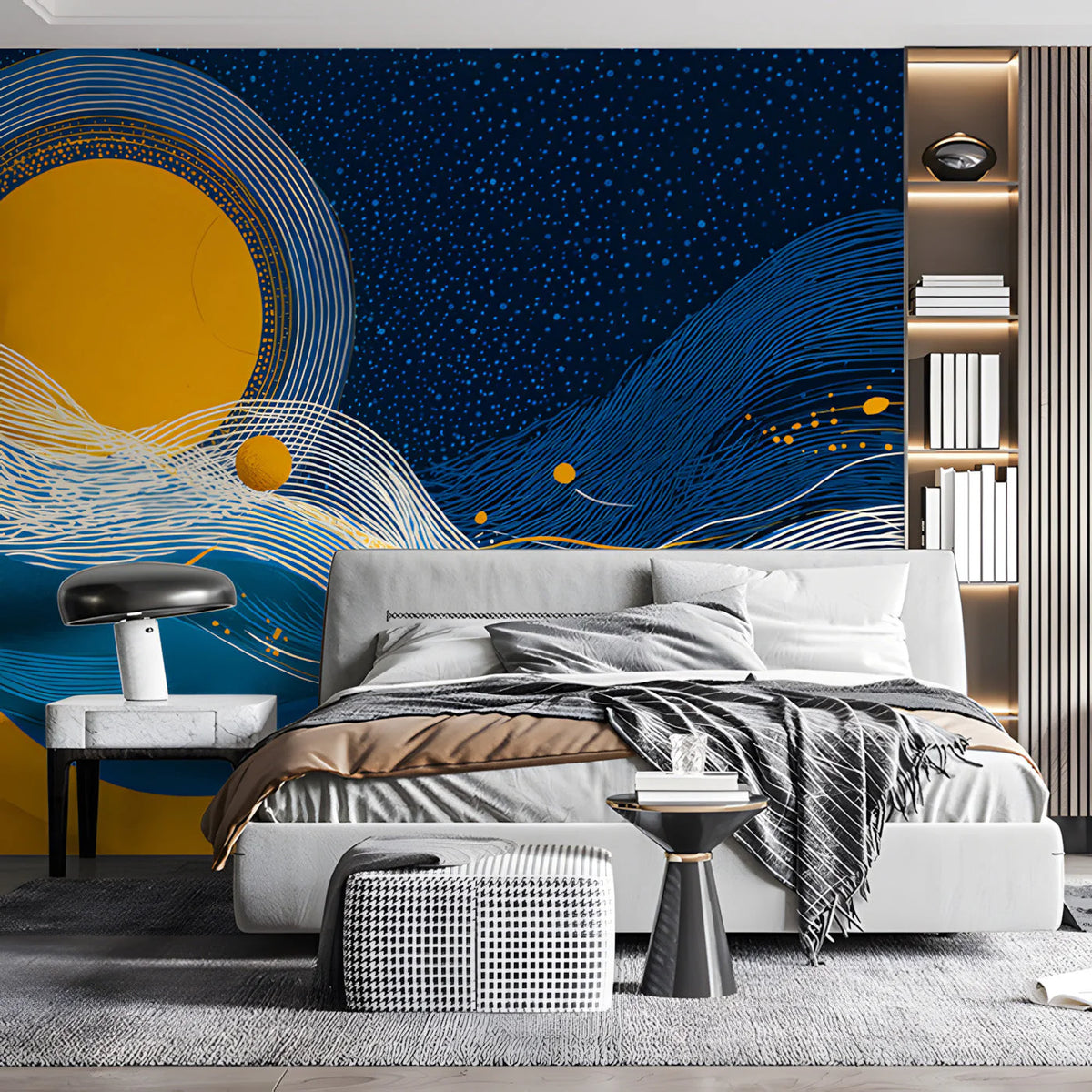 Celestial Sunset Line Art Mural Wallpaper in Navy and Ochre Mural Wallpaper - room preview 03