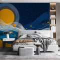 Celestial Sunset Line Art Mural Wallpaper in Navy and Ochre Mural Wallpaper - room preview 03