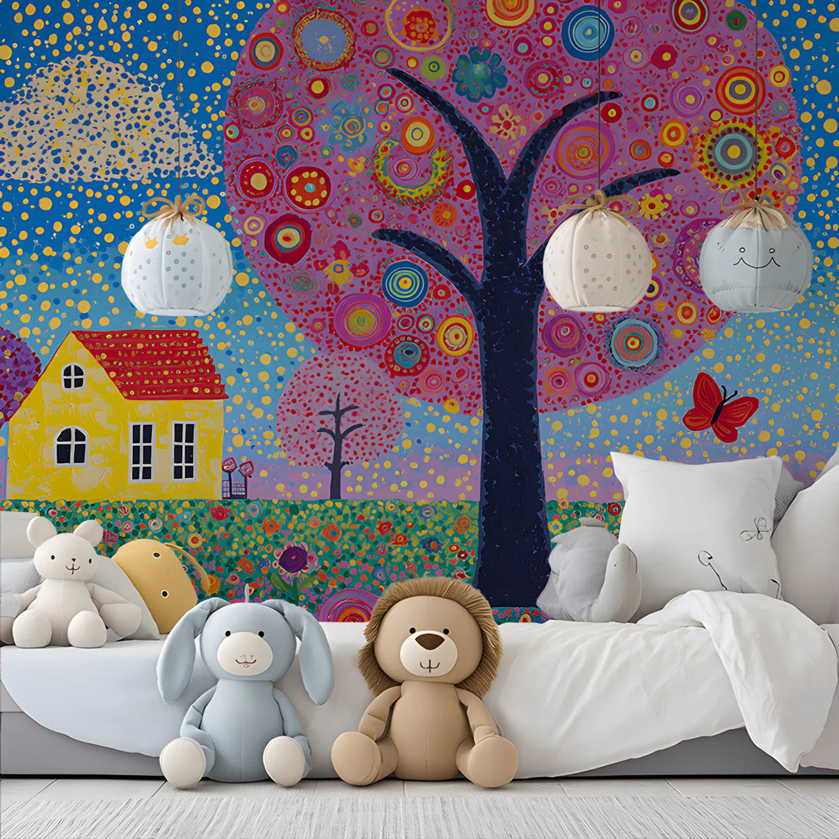 Whimsical Meadow Mural Wallpaper — Artistic Folk Art Landscape Mural Wallpaper - room preview 03