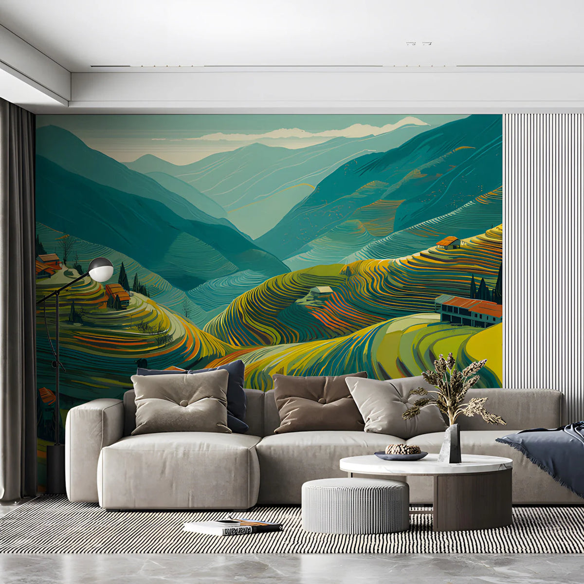 Terraced Mountain Valley Mural Wallpaper — Scenic Landscape Mural Wallpaper - room preview 03