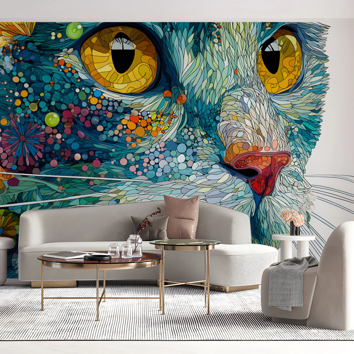Cat Portrait Floral Mural Wallpaper — Whimsical Artistic Print Mural Wallpaper - room preview 03