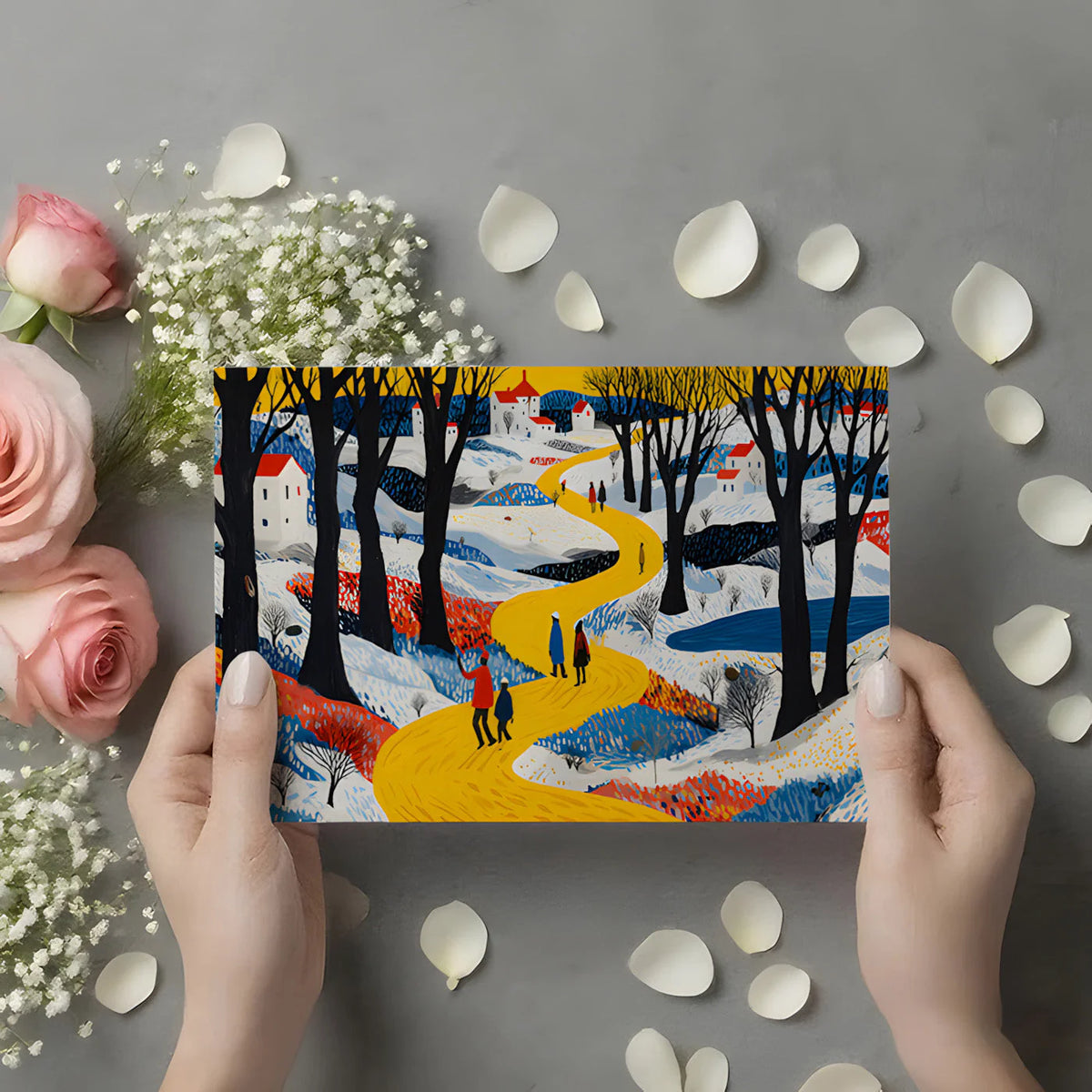 Winter Village Path Mural Wallpaper — Folk Art Landscape Mural Wallpaper - room preview 03
