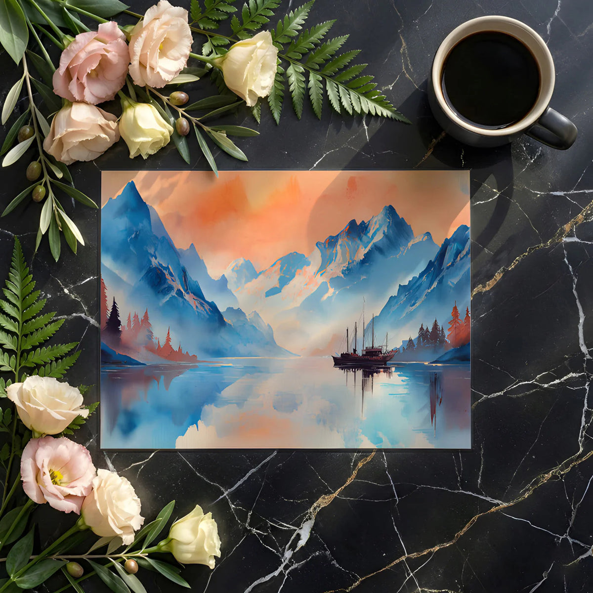 Alpenglow Mountain Lake Mural Wallpaper — Artistic Painted Landscape Mural Wallpaper - room preview 03
