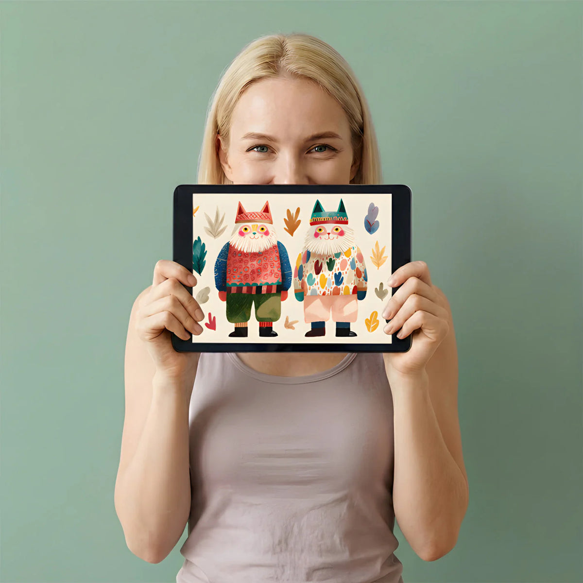 Whimsical Folk Art Cats Mural Wallpaper — Colorful Nordic Motif Mural Wallpaper - room preview 03