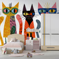 Playful Folk Art Cats Mural Wallpaper — Colorful Whimsical Design Mural Wallpaper - room preview 03